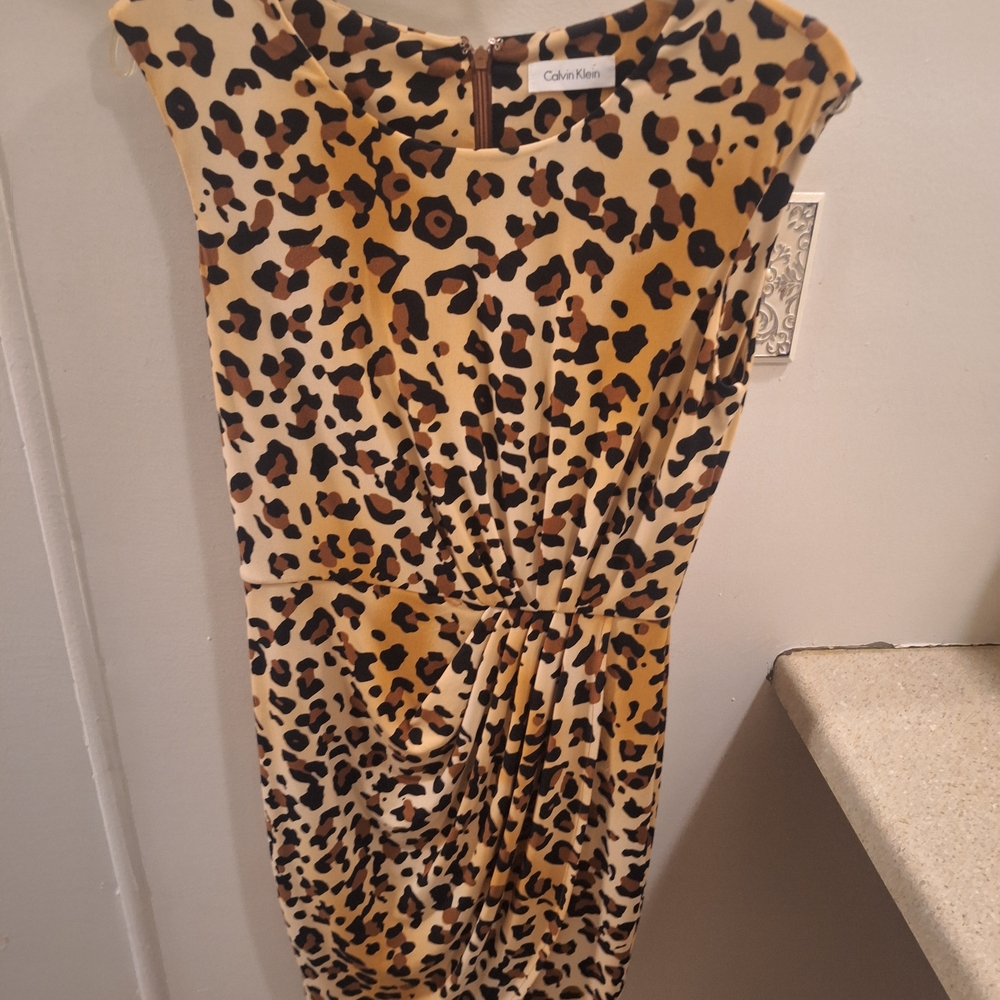Calvin Klein Leopard Print Midi Dress in Tan, Brown, Black